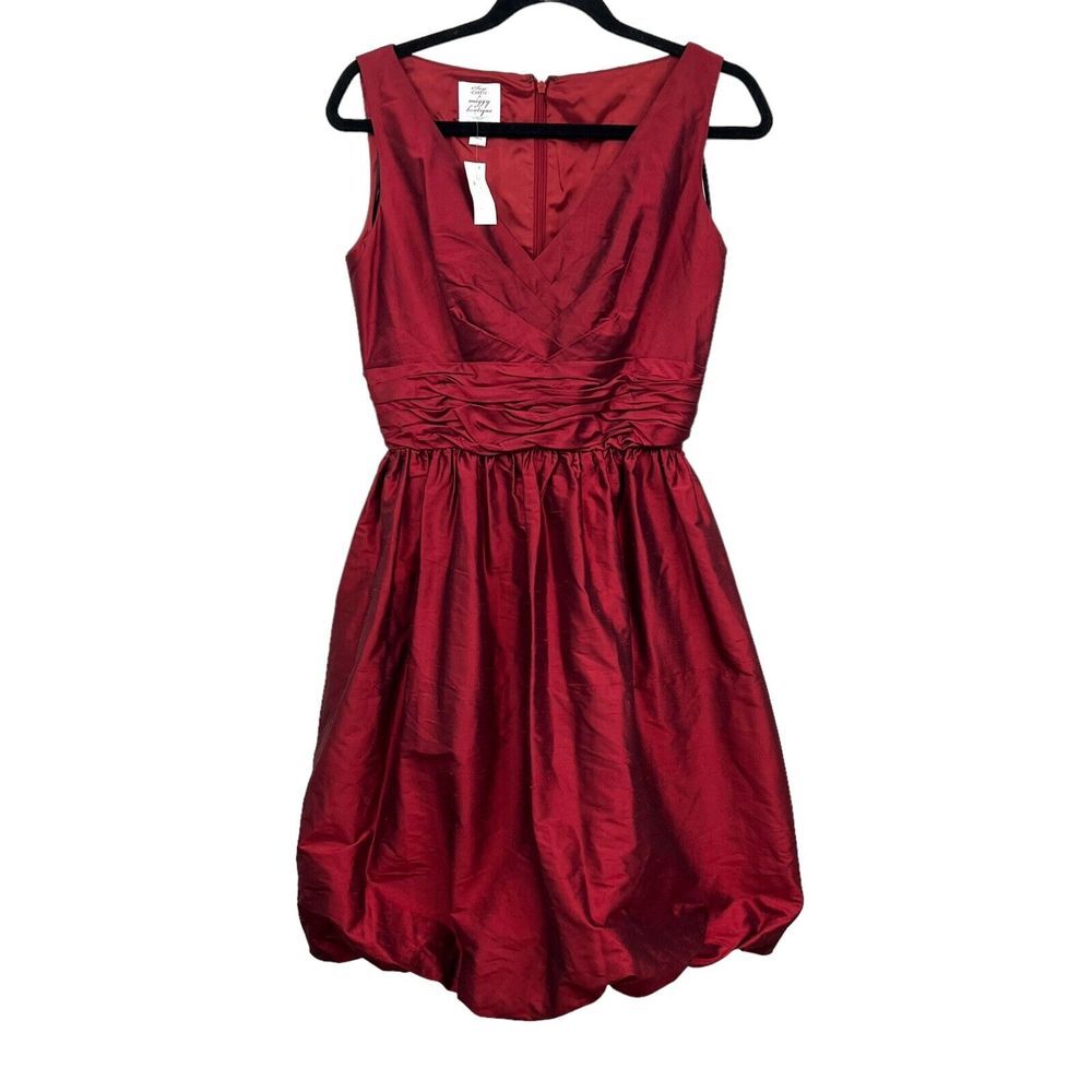 Suzi Chin for Maggy Boutique Women Silk Dress V Neck Ruched Bubble Hem Red Sz 6*